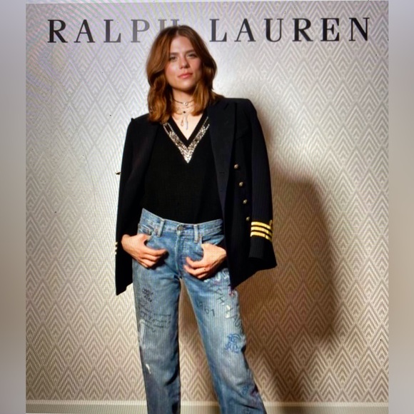 Vintage Naval jacket in blue wool with yellow stripes on arms - Picture 10 of 14